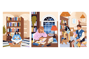 People with books in public library, a Person Illustration by PaperTrident