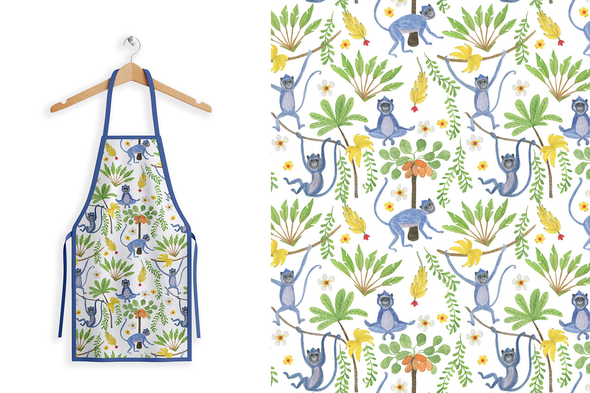 Blue monkeys - watercolor patterns, a Pattern Graphic by ramika (Photo 4 of 7)