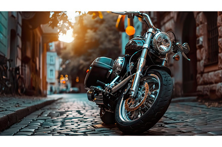 motorcycle parked on cobblestones, a Transportation Photo by Lermont51