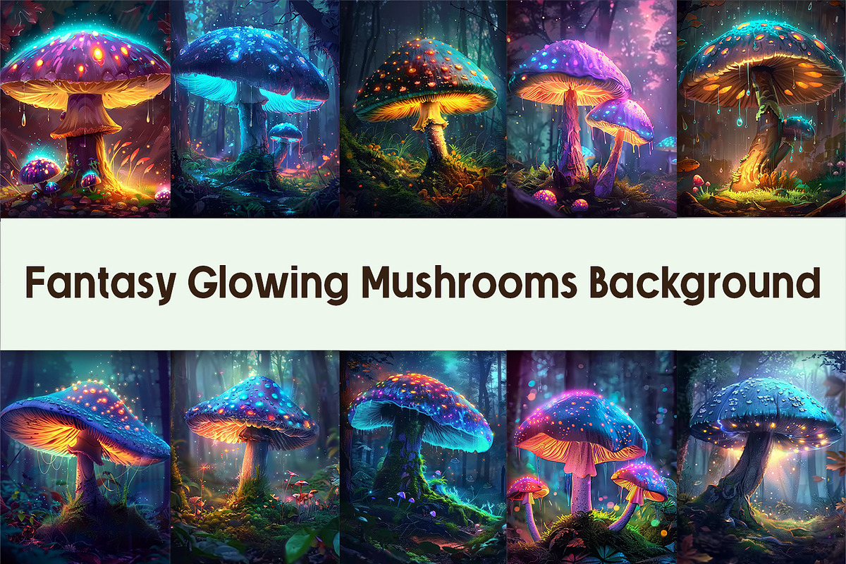 Fantasy Glowing Mushrooms Background, a Background Graphic by AdriOP