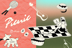 Summer Picnic. Line Graphic, a Person Illustration by Schumacher Shop