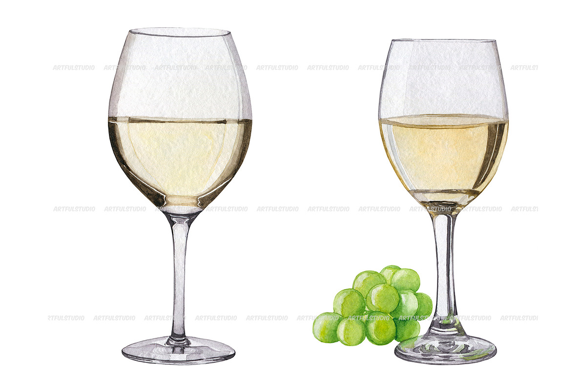 Watercolor white & rose wine clipart, a Food Illustration by ArtfulStudio (Photo 5 of 9)