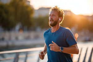 Jogger with athletic build enjoying a morning run by the water during sunrise, a Person Photo by AlyaAnd