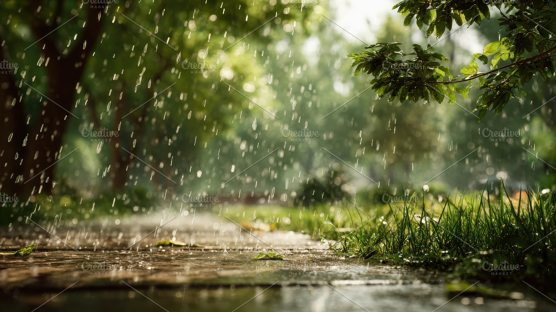 Rain falling on green grass and path, a Photo by Pixeness Studio