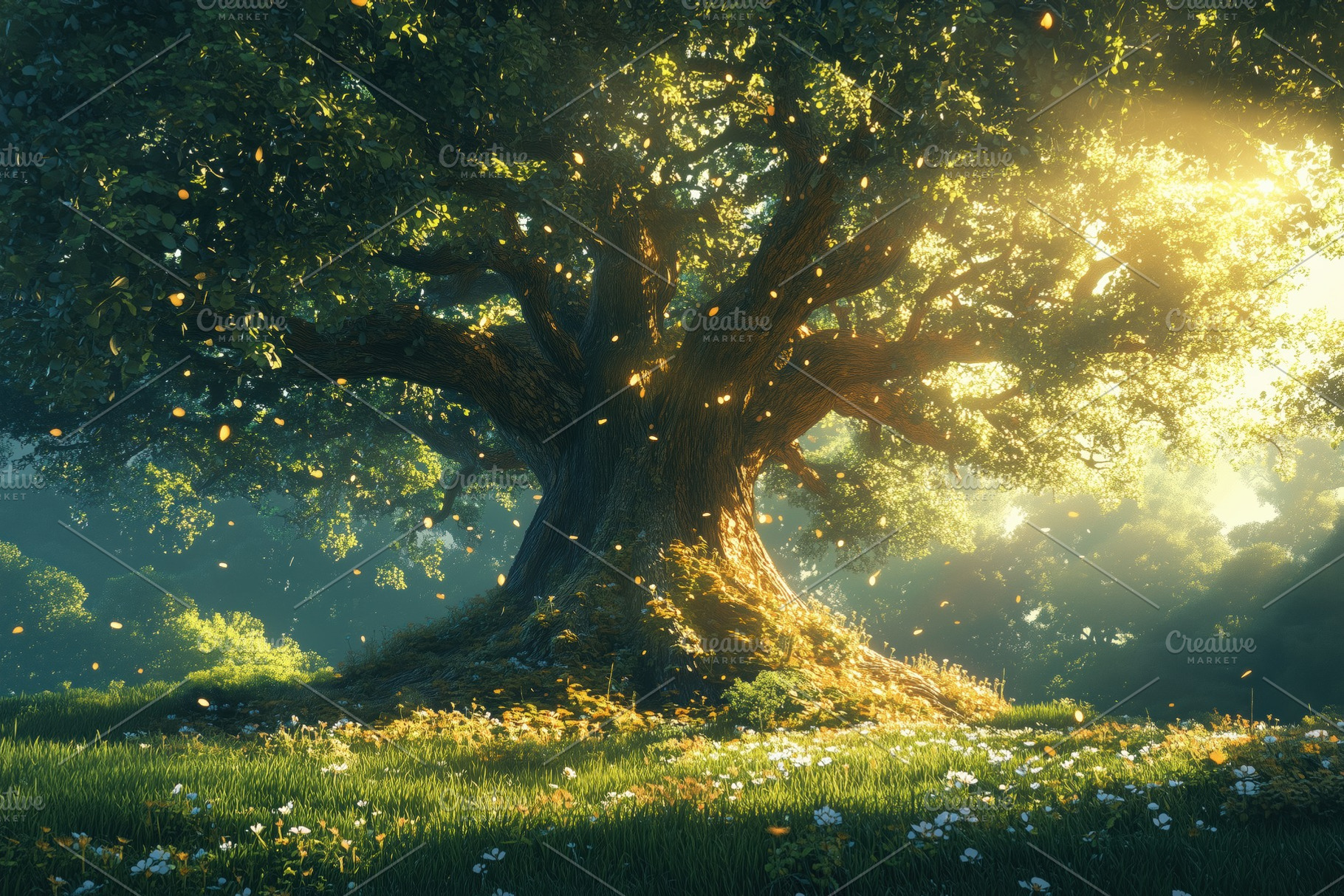 A majestic tree stands in a sunlit meadow, surrounded by vibrant greenery and c, a Person Photo by Textures & Backgrounds