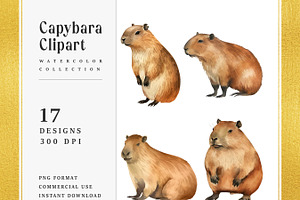 Watercolor Capybara Clipart Bundle