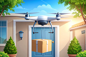 Drone hovers above a suburban door holding a small branded packa, a Technology Illustration by DanFLCreativo