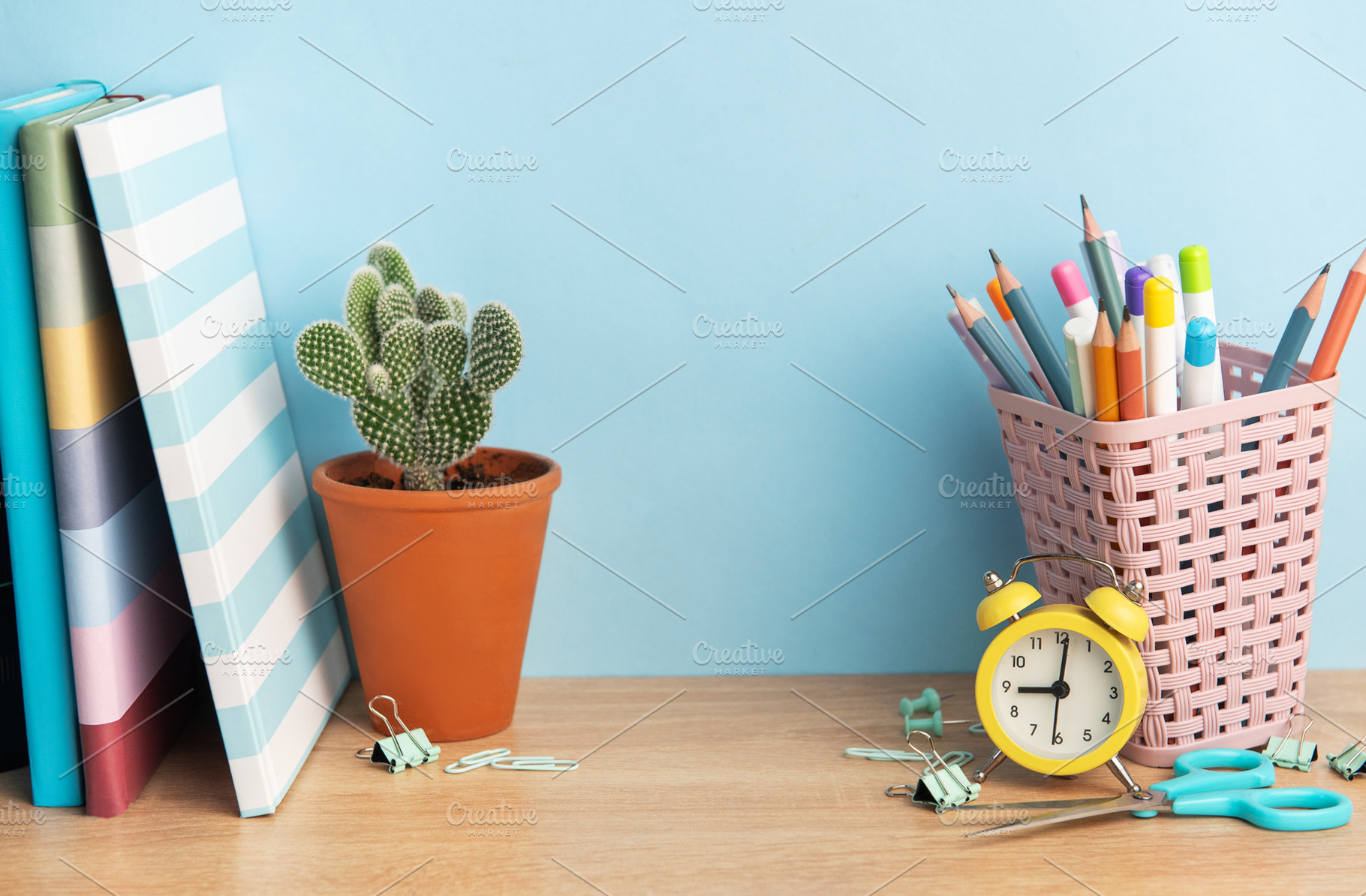 School desk with books, cactus, and stationery supplies, a School & Education Photo by Olena Rudo