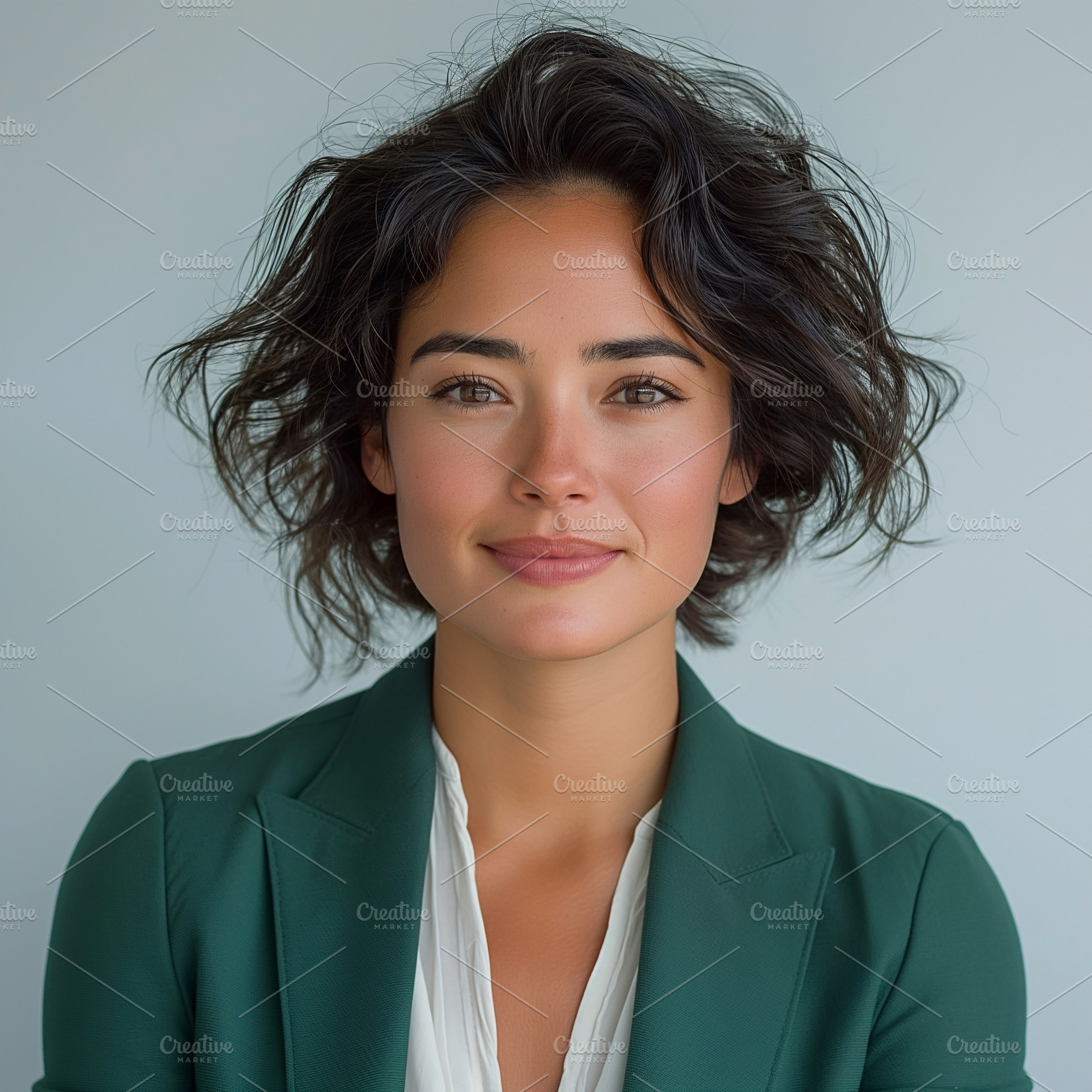 A woman with curly dark hair smiles confidently, wearing a green blazer and a w, a Person Photo by ImageMir