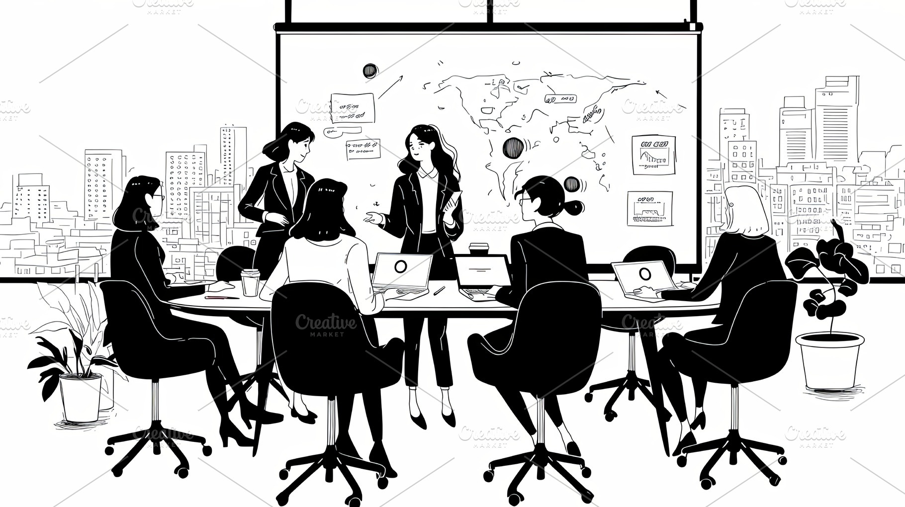 Business team collaborating in a modern office space with city skyline backdrop, a Photo by AS photostudio
