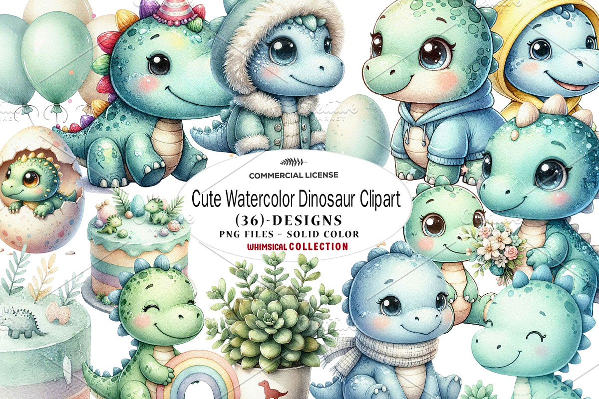 Cute Watercolor Dinosaur Clipart, a Seasonal Illustration by CreationArt (Photo 1 of 7)