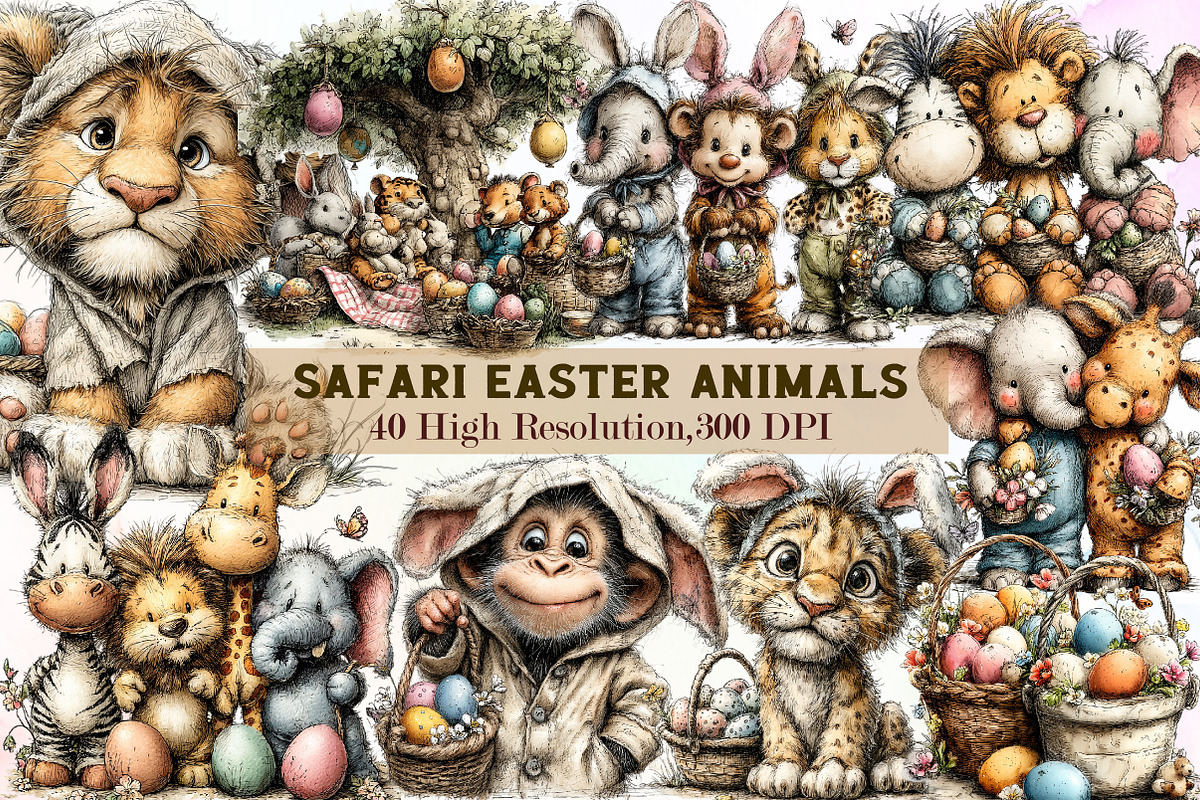 Watercolor Safari Easter Animals Cli, an Illustration by Sublimation Artist (Photo 1 of 7)