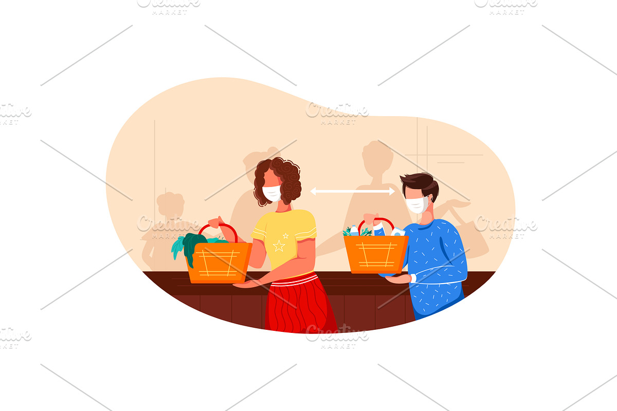 Supermarket grocery store queue in, a Healthcare Illustration by vectorpointstudio