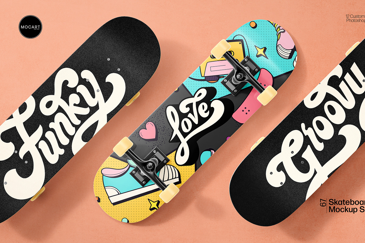 Skateboard Mockup Set v1, a Merchandise Mockup by Mocart (Photo 1 of 18)