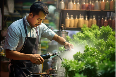 Shop assistant spraying water on, a Food & Drink Photo by Ylivdesign