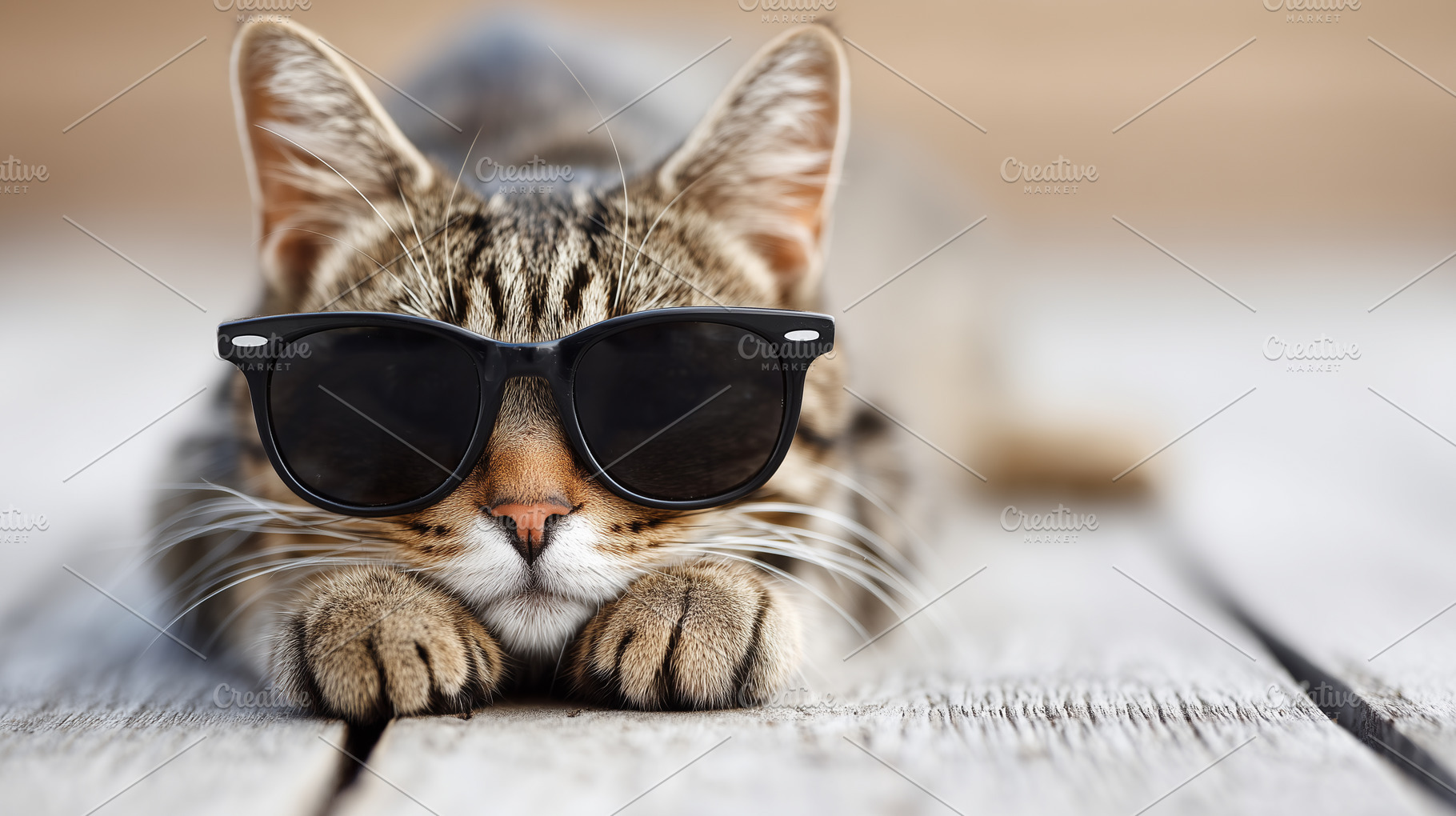 Tabby cat in black sunglasses lies, an Animal Photo by MistyDay