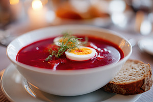 Beetroot soup with egg and herbs, a Food & Drink Photo by AlyaAnd
