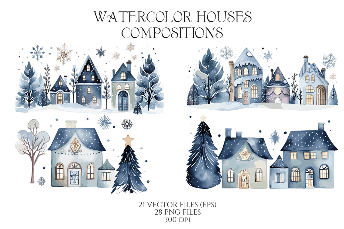 Watercolor Winter Blue houses, an Object Illustration by Evgeniia (Photo 4 of 6)