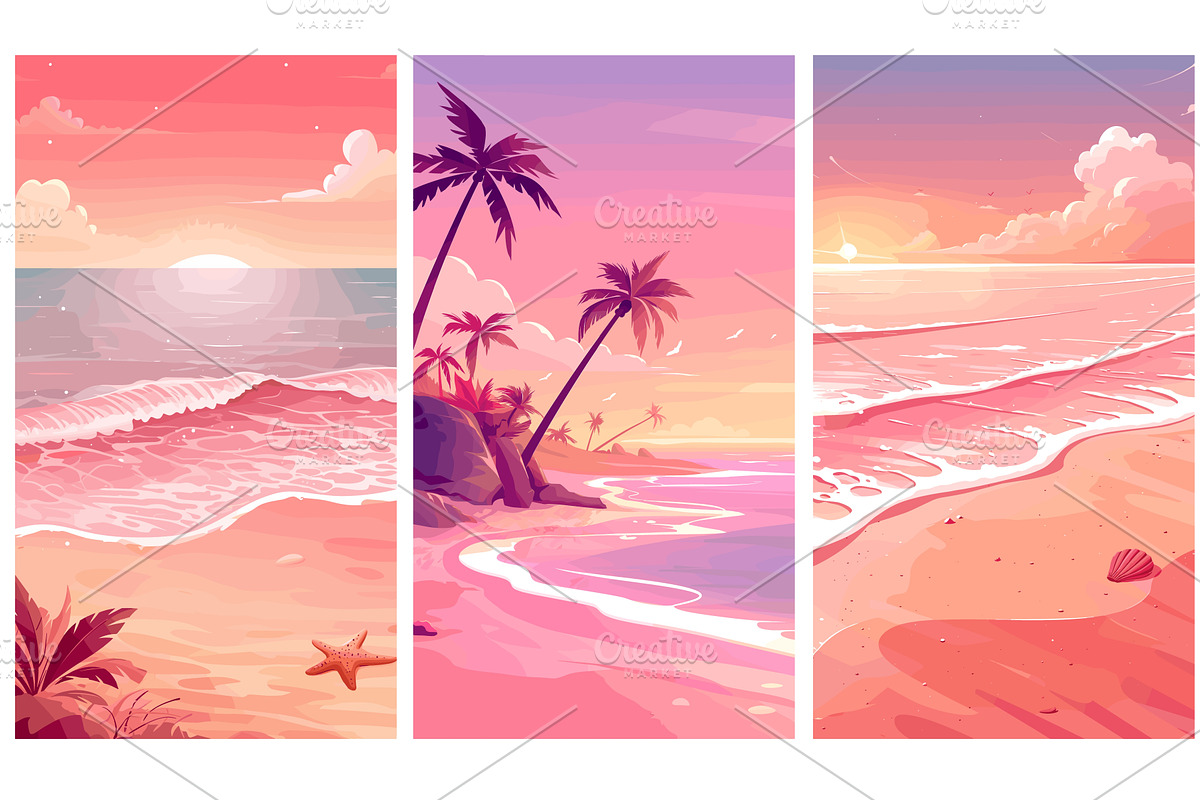Beach pink cartoon background, an Illustration by Stock-Smart-Start
