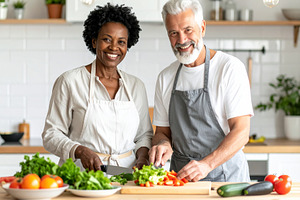 Diverse couple preparing a colorful salad in a bright kitchen, a Food & Drink Photo by DanFLCreativo