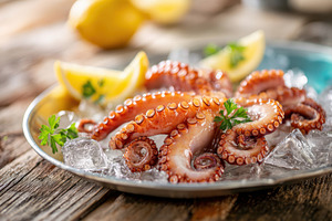 Fresh octopus on ice with lemon and parsley, a Food & Drink Photo by AlyaAnd