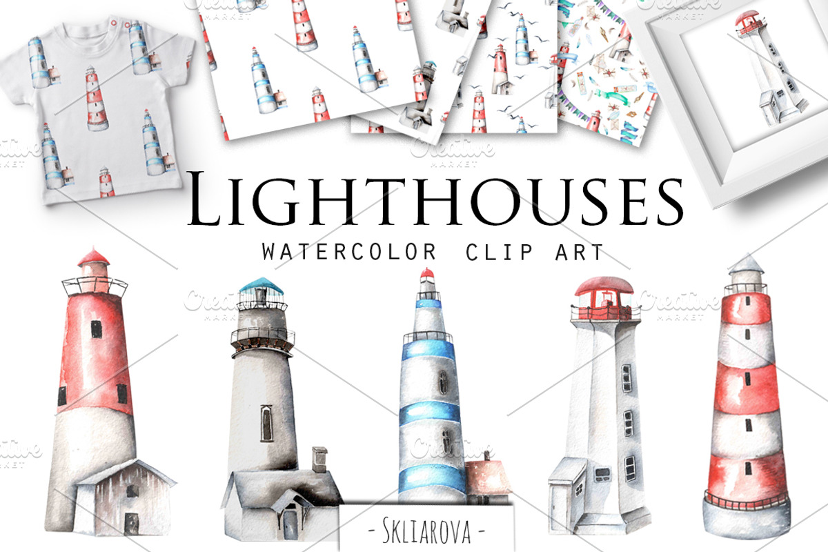Lighthouses. Watercolor clip art., a Texture Illustration by Skliarova
