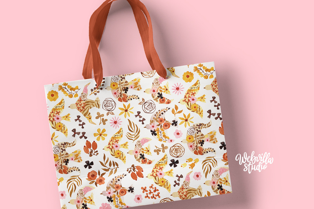 Birds and Flowers Watercolor Pattern, a Pattern Graphic by Webvilla Studio