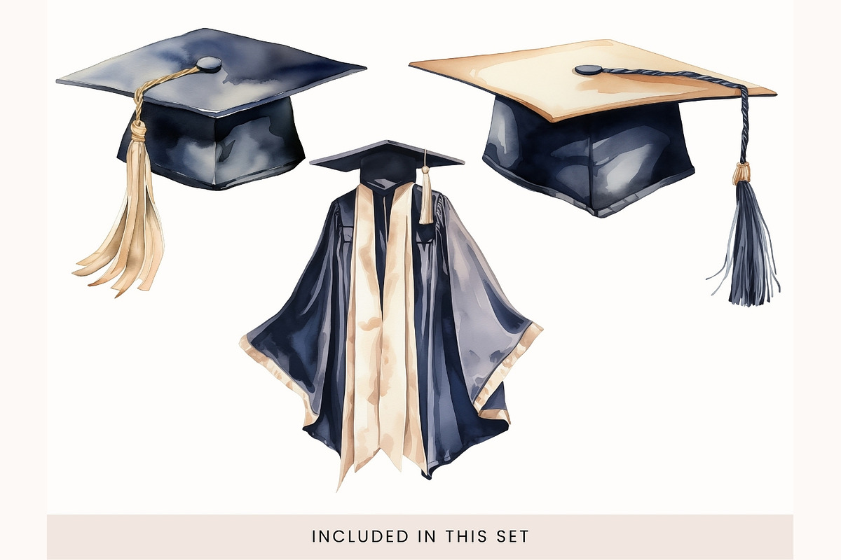 Watercolor Graduation Clipart PNG, a Decorative Illustration by illuztrate (Photo 2 of 7)