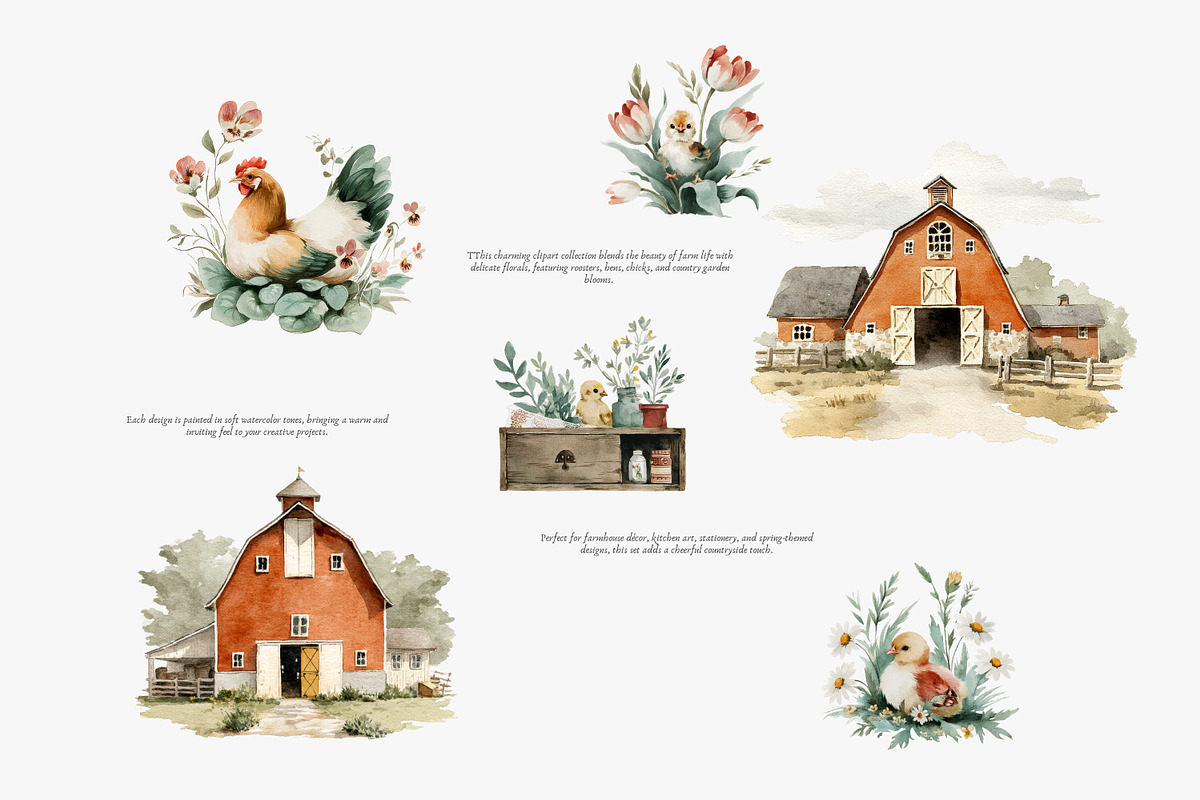 Rustic rooster and chicken watercolo, a Decorative Illustration by Patishop Art (Photo 5 of 8)