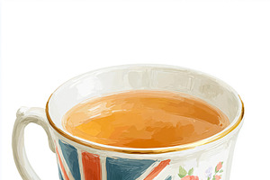 British flag design on a teacup filled with hot tea, served with, an Illustration by Studio ANNA