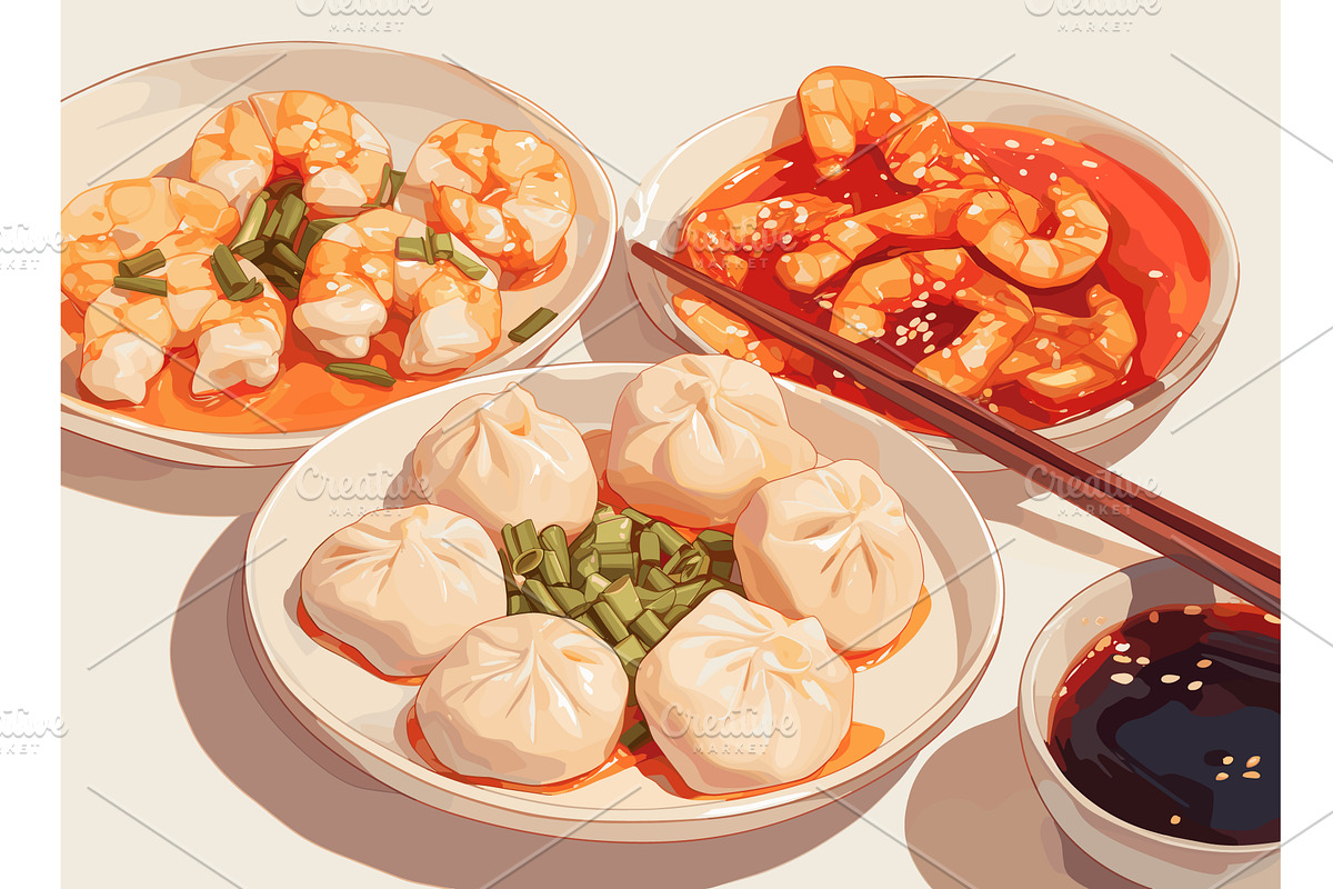 Table with plates with various, a Food Illustration by LadadikArt
