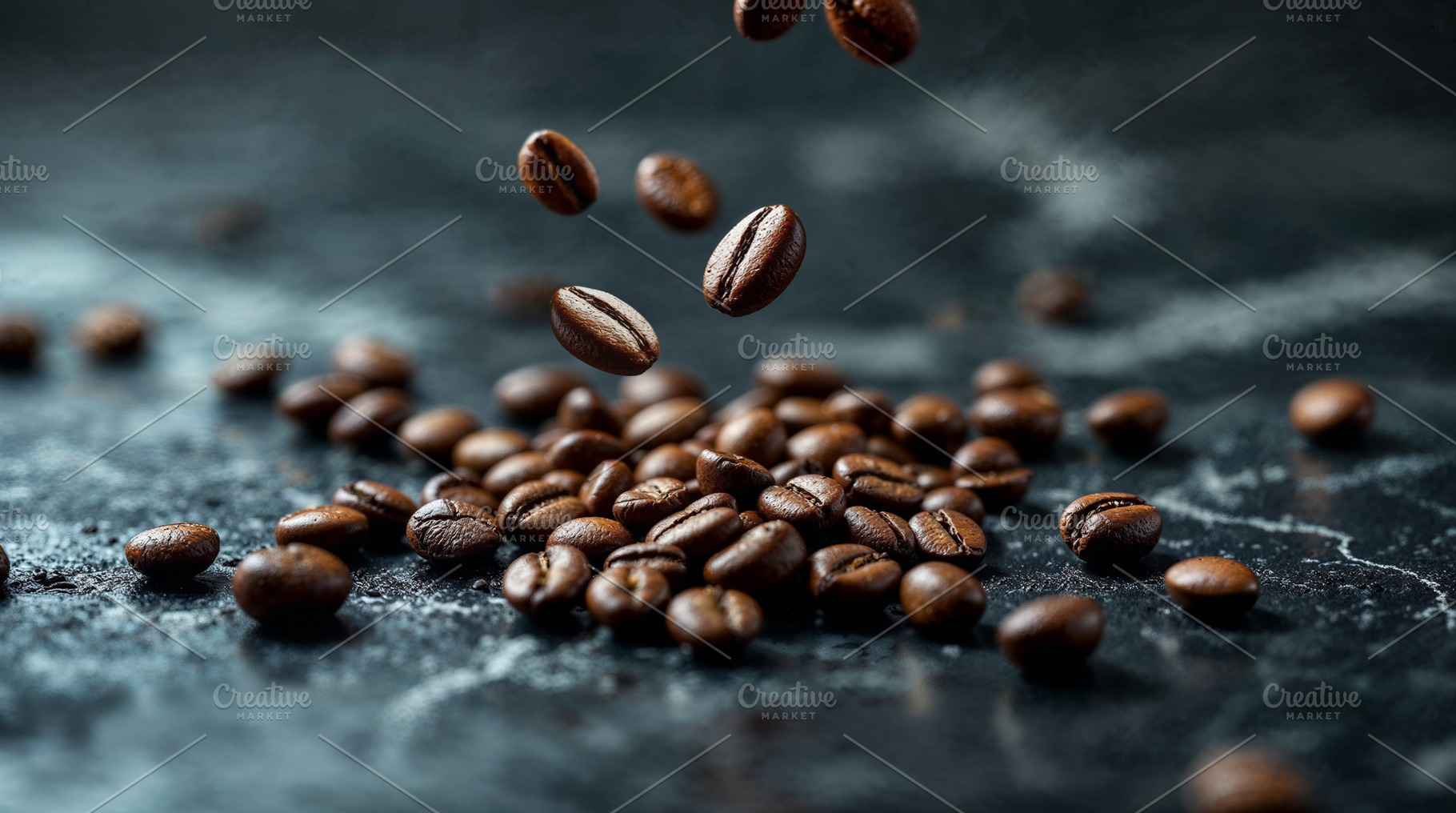 Coffee beans falling on a dark stone, a Photo by Volff