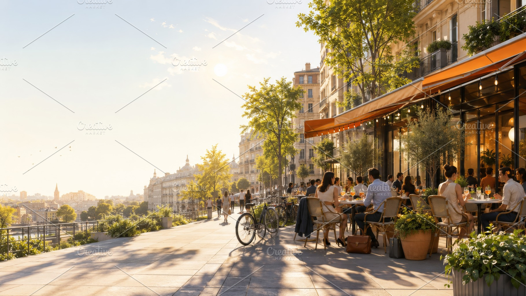 Outdoor cafe scene with people enjoy, a Photo by Dvoevnore photos
