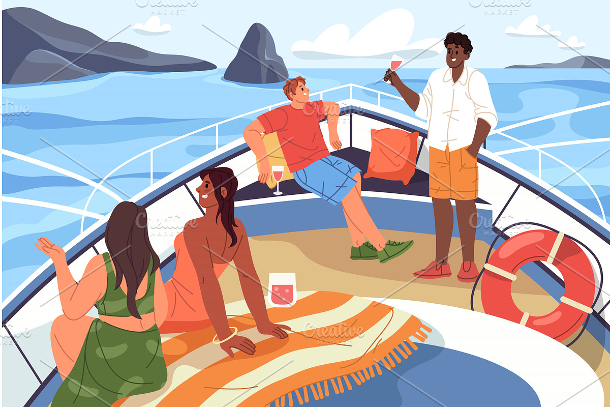 People sailing on yacht or at cruise, an Illustration by Elegant Solution