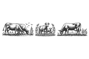 Farm Cows Grazing in Meadow set, an Animal Illustration by AlexArt
