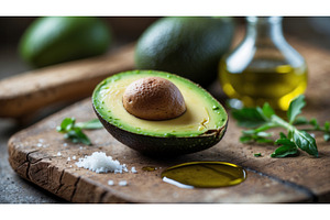 Fresh halved avocado with seed on, an Illustration by tilialucida