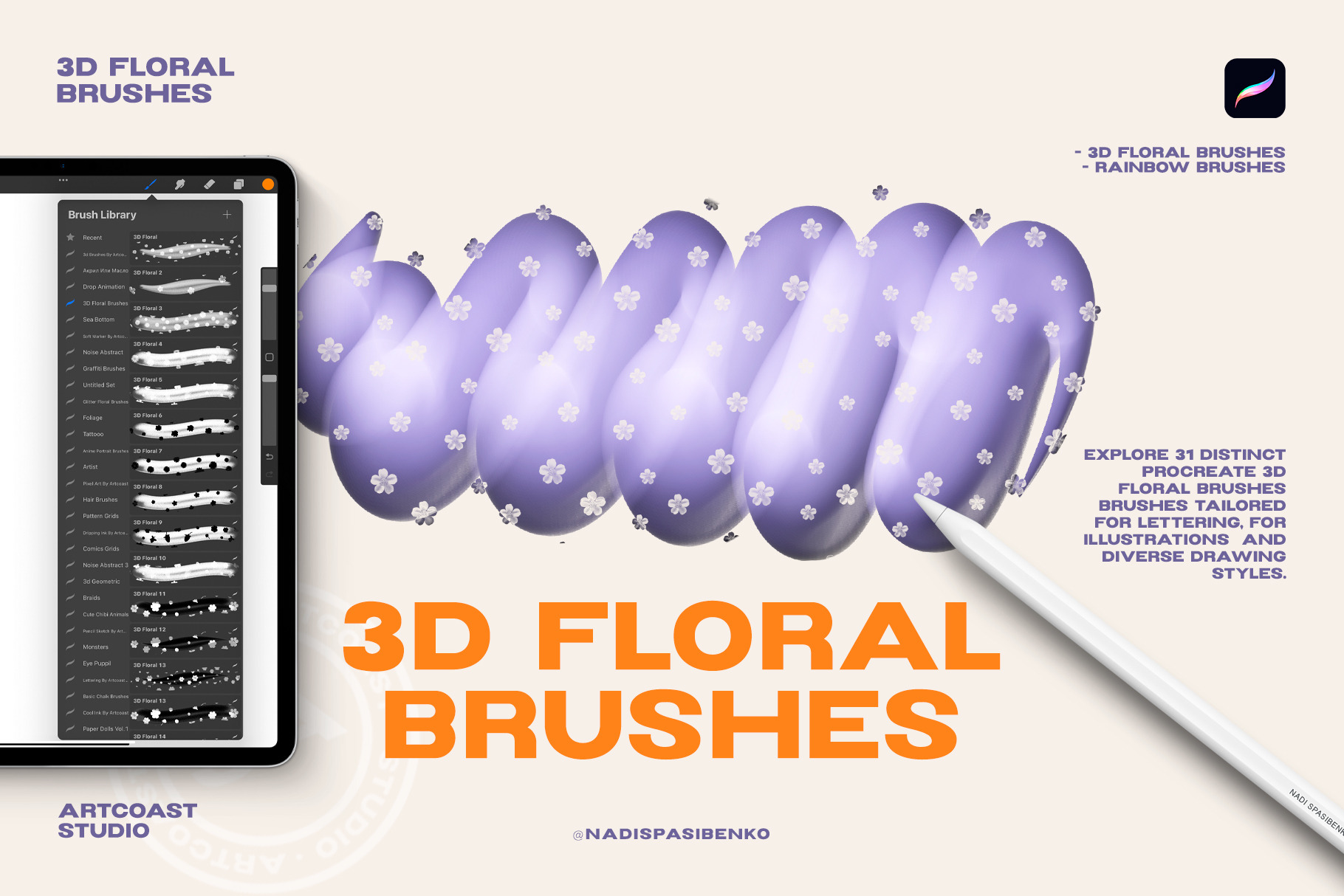 Procreate 3D Floral Brushes, a Brush Add-On by Spasibenko Art