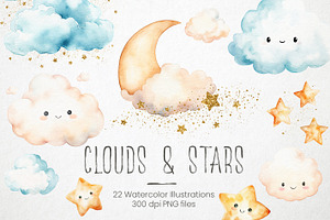 Watercolor moon stars & clouds, PNG