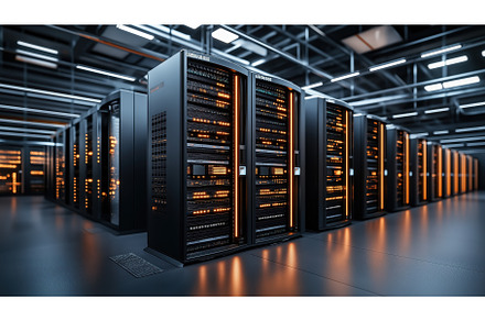 Modern data center with rows of, a Technology Illustration by Sergey Kotenev
