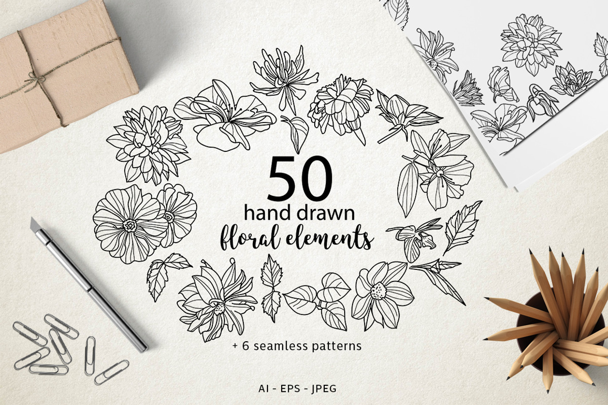 50 hand drawn floral elements, a Decorative Illustration by ItsDianaDesign (Photo 1 of 5)