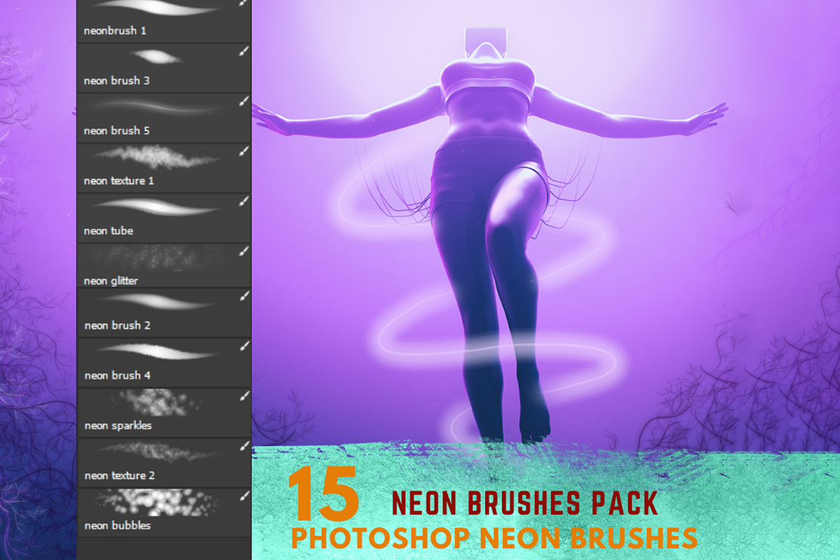 15 Photoshop Neon Brushes, a Brush Add-On by Velo Graphic Studio (Photo 1 of 7)