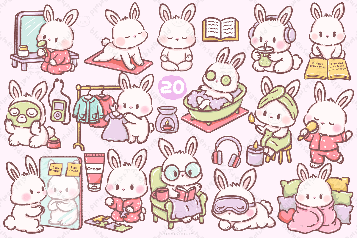 Josie Kawaii Bunny Self-Care Clipart, an Illustration by Blumensdiary (Photo 2 of 8)