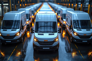 Fleet of delivery vans lined up in a, a Photo by Tanuart