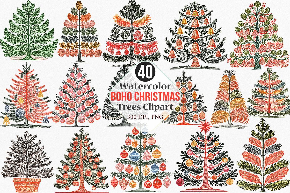 Boho Christmas Trees Clipart, an Illustration by Canvas Craft (Photo 1 of 8)