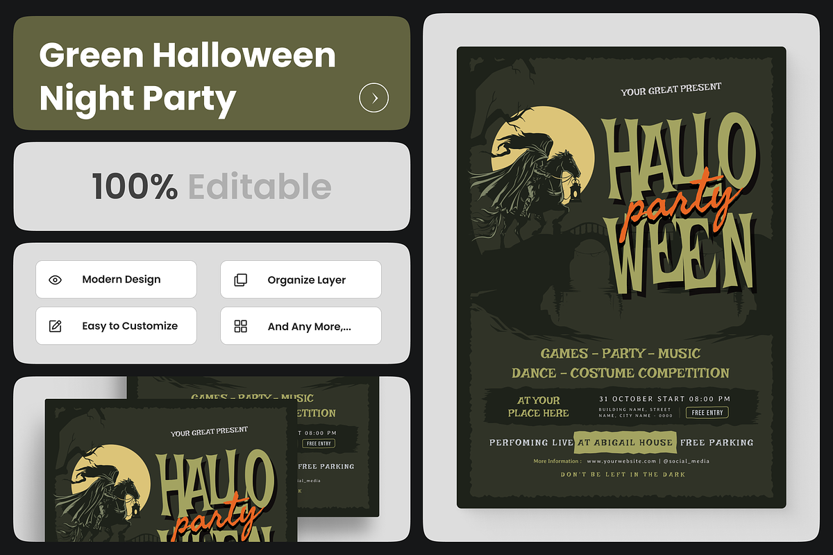 Green Halloween Night Party Flyer, a Flyer Template by Annora Studio (Photo 1 of 5)