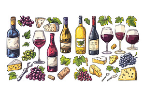 Wine cartoon vector set. Grapes, a Food Illustration by Valerie Bodnar