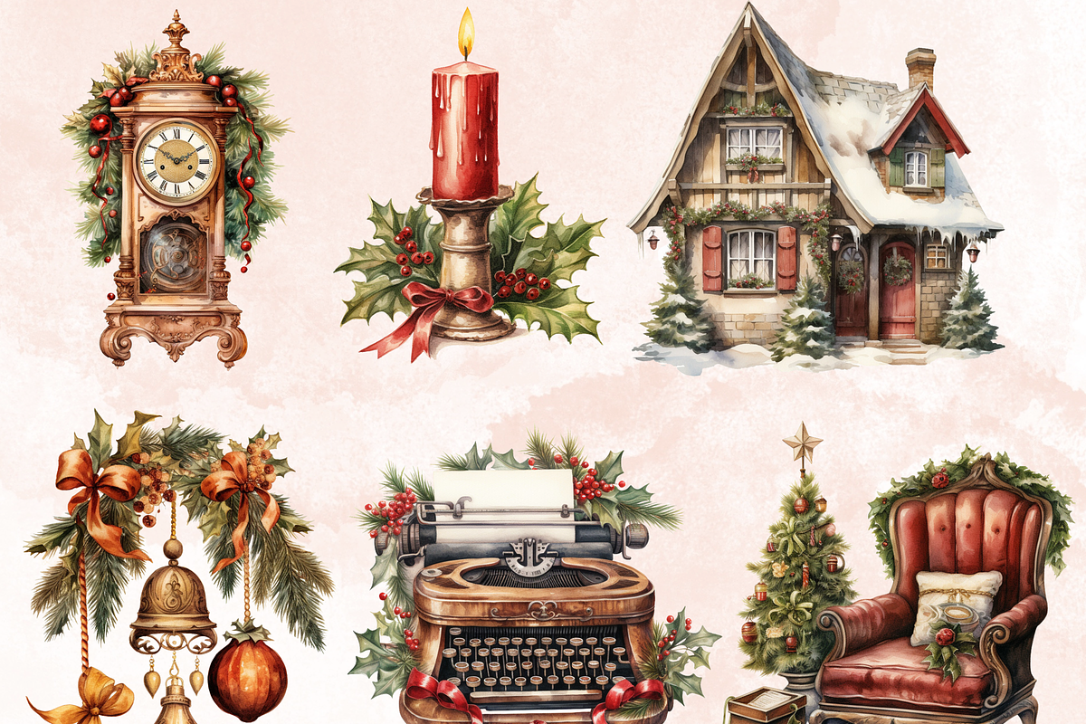 Watercolor Antique Christmas Clipart, a Seasonal Illustration by GiraffeCreative (Photo 5 of 9)