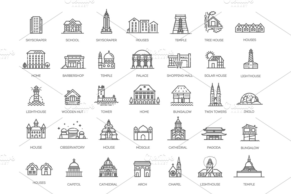 Set of type of Houses Icons, an Outline Icon by Tettygreen (Photo 1 of 2)