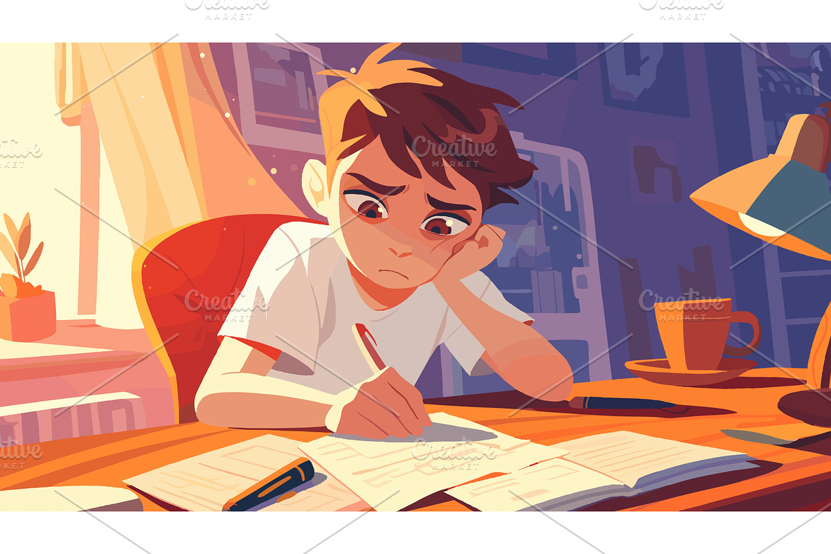 Sad boy studying. Cartoon stressed, an Education Illustration by Stock-Smart-Start