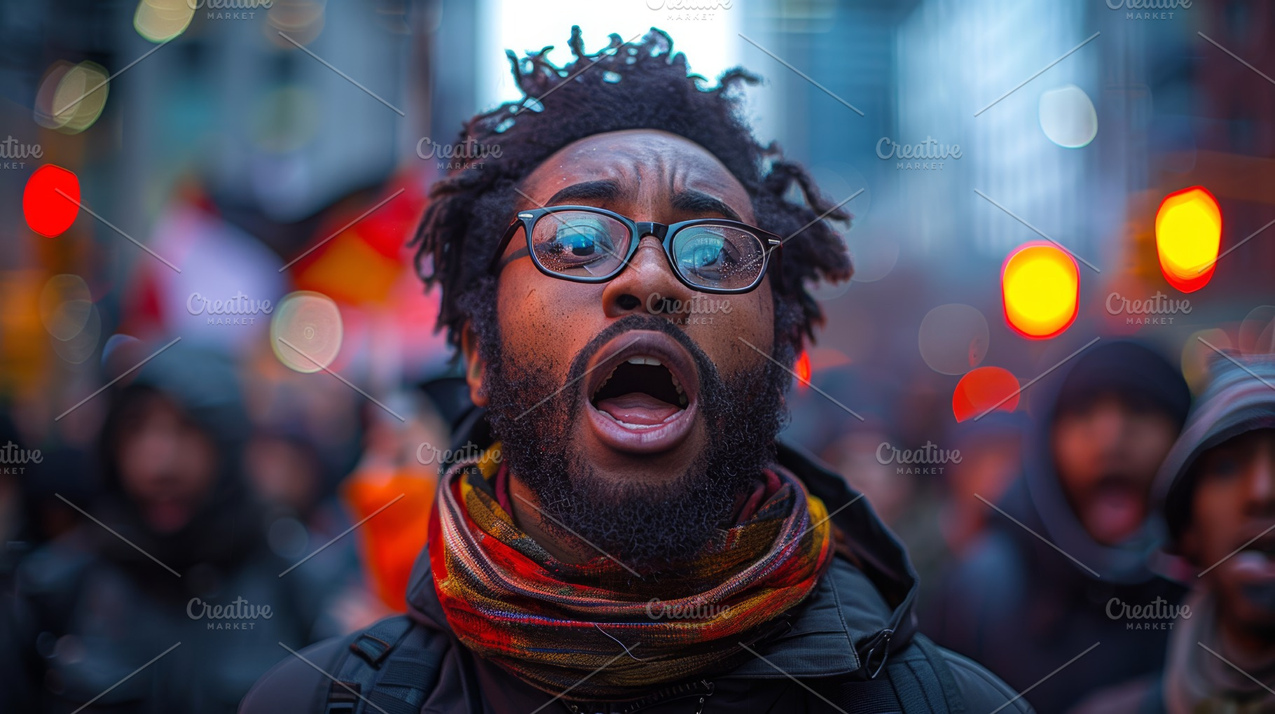 Black man passionately shouting in a vibrant city crowd during a, a Photo by AS photostudio